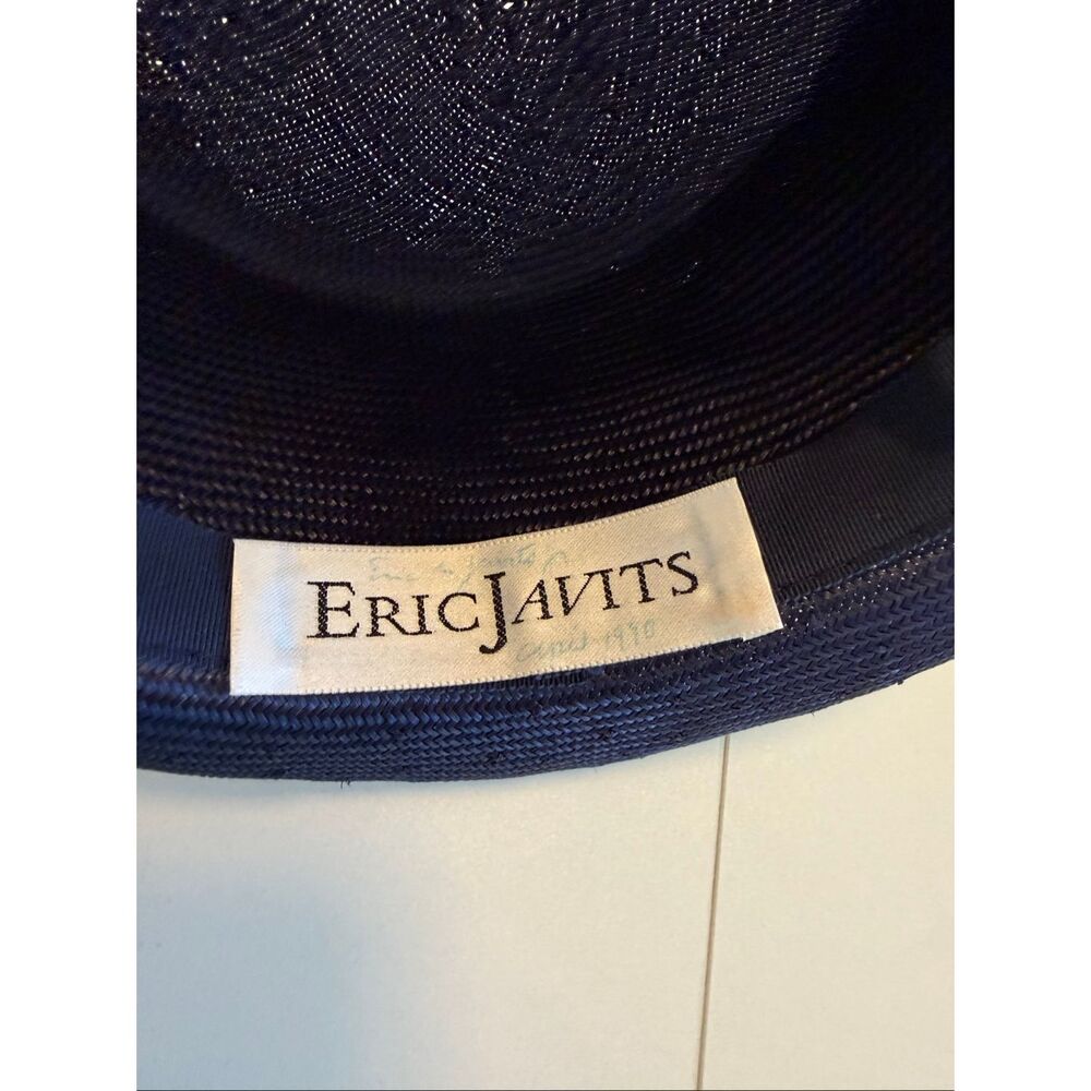Vintage Eric Javits Boater Hat Navy Straw Grosgrain Ribbon Three Buttons Regal - Picture 6 of 9